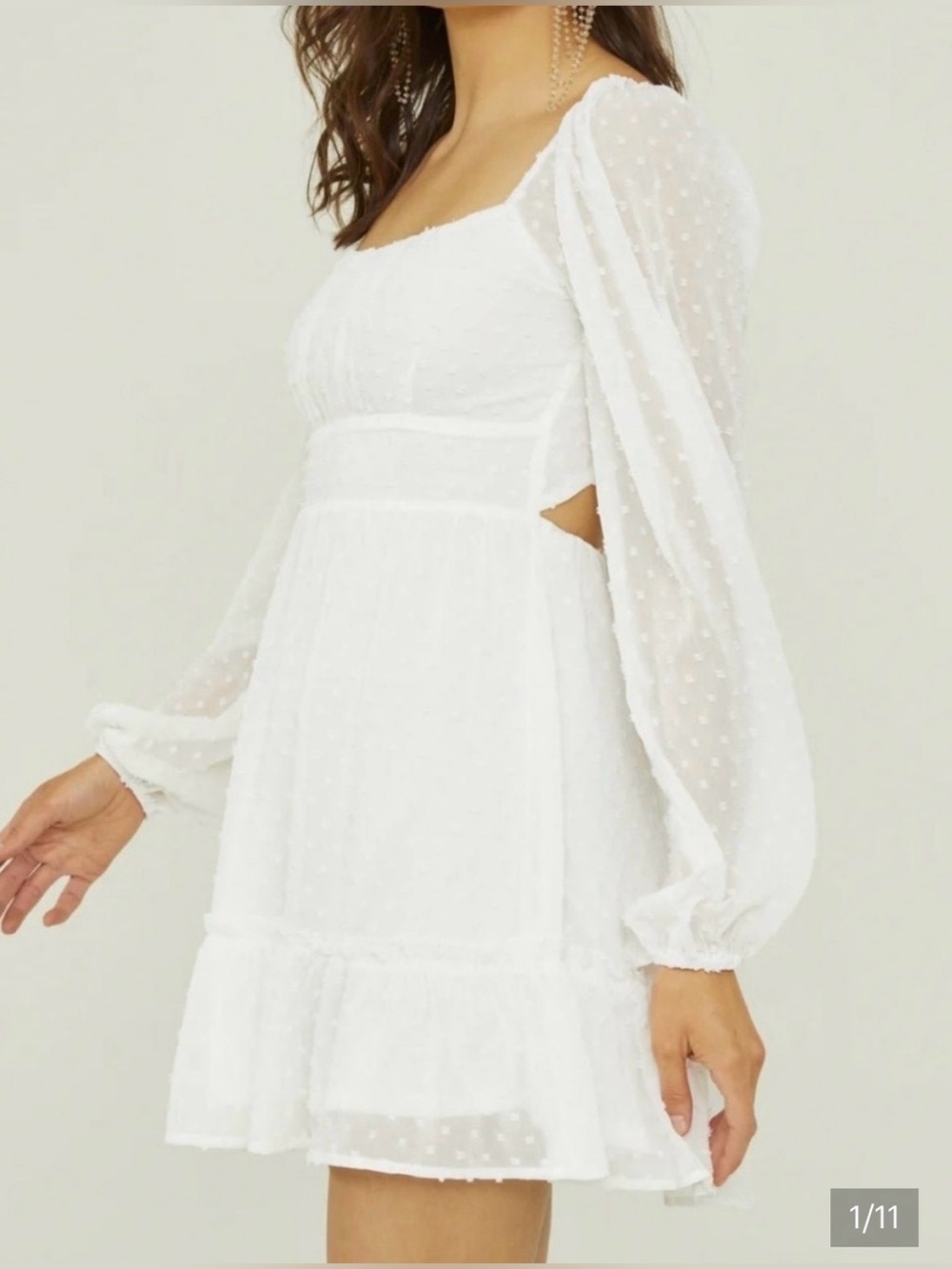 Altar'd State White Swiss Dot Puff-Sleeve Mini Dress. White. Size S